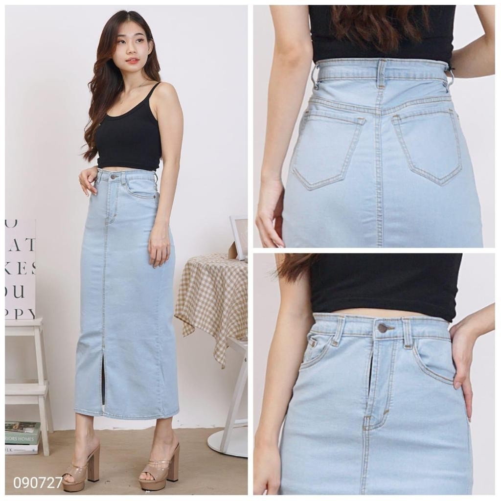 SIZE 28-33 [3 Warna] Rok Span 7/9 Belah Depan Jeans Wanita Stretch Melar Wanita Cewek Biru Hitam Bla