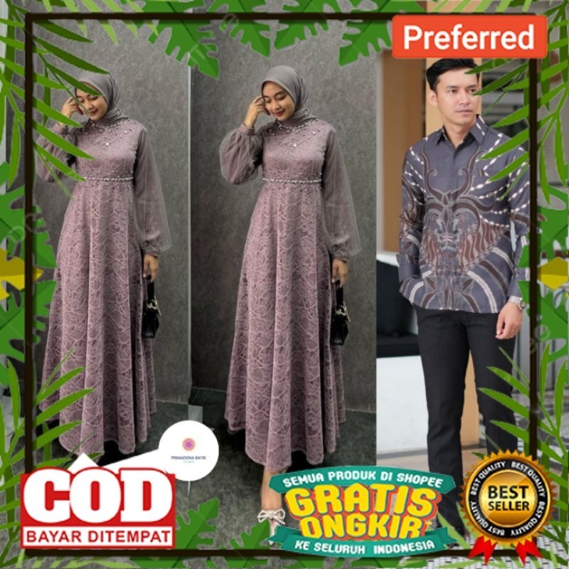 Batik Couple Gamis Brokat Terbaru Couple Kondangan Couple Tunangan Modern Jumbo,Dress Brokat Couple 