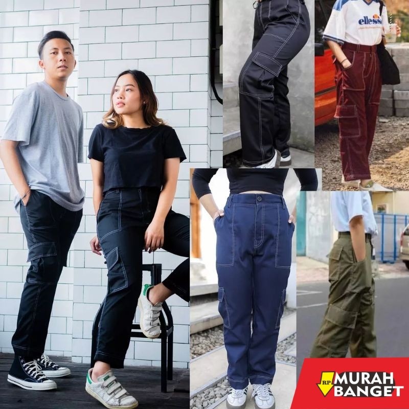 Joggerhit Terbaru- CELANA CARGO PANJANG SAKU KIMPUL I CARGO LIST PANTS CHINO UNISEX S-XXXXL BLACK WH