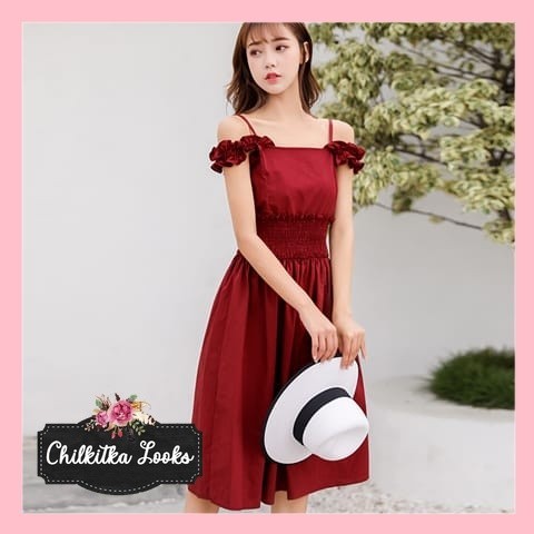 CHILKITKA LOOKS FASHION WANITA IMPORT Carol Midi Dress Red Dress Off Shoulder Flare Red Dress Christ