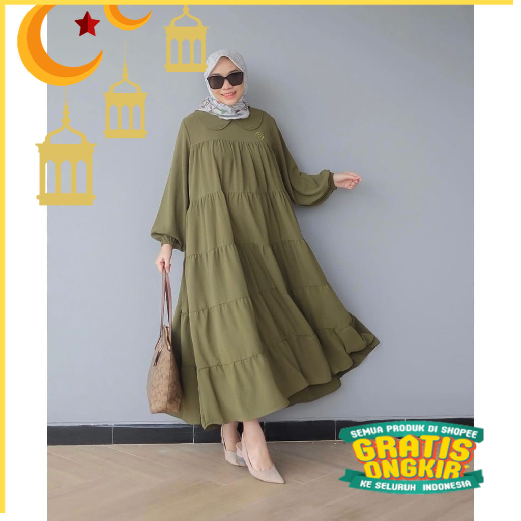 Sukma Midi Dress Gamis Dewasa Polos Simple Bahan Crinkle Airflow Ld 110/ bunga bunga polkadot lucu