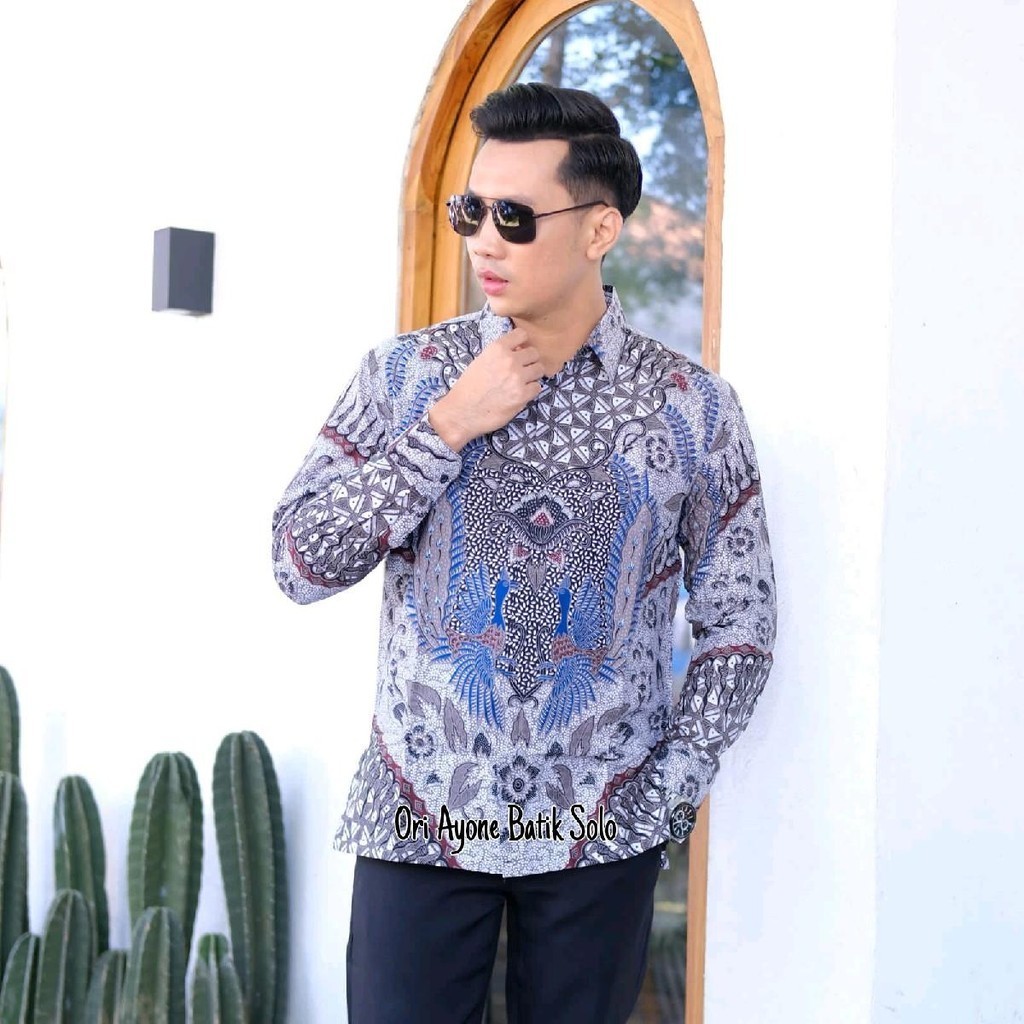Kemeja batik pria terbaru lengan panjang dan pendek mewah warna biru abu lapis furing bahan katun ha