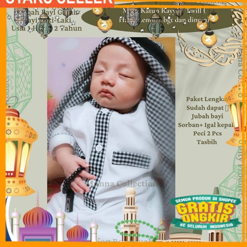 Jubah Koko Gamis Qomis Sorban Igal Aqiqah Anak Bayi Laki-Laki Baru Lahir Baby Newborn Usia 1 Hari (N