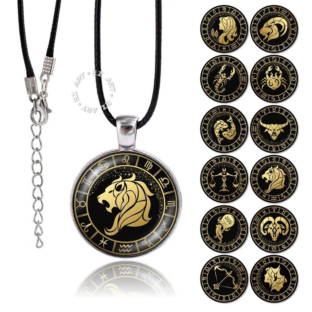 Kalung Liontin Bulat Gambar 12 Simbol Zodiak Emas Rasi Bintang Zodiac Gold Horoscope Kaca Bulat Cemb