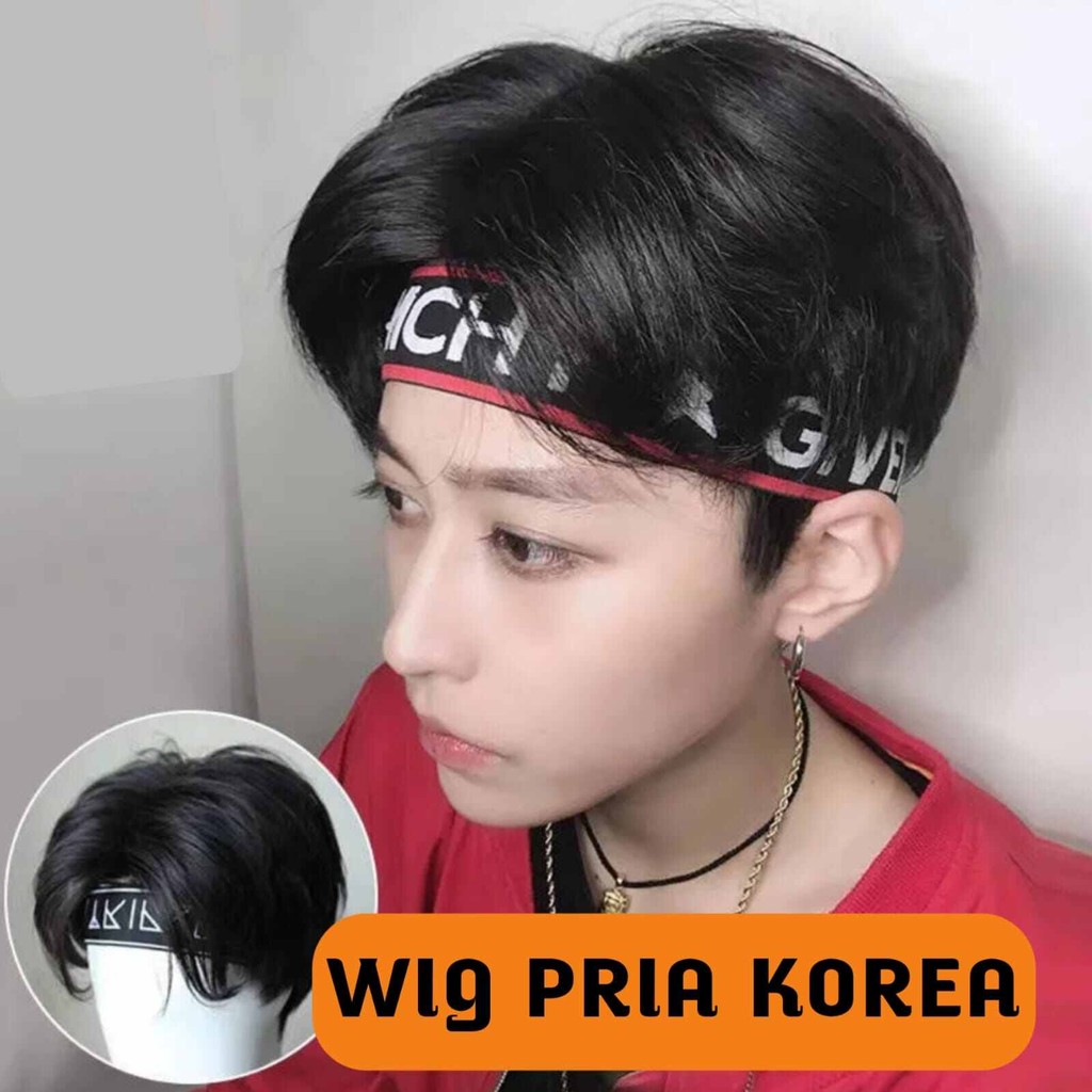 Wig Pria Korea Rambut Pendek Hitam Belahan Tengah -COD