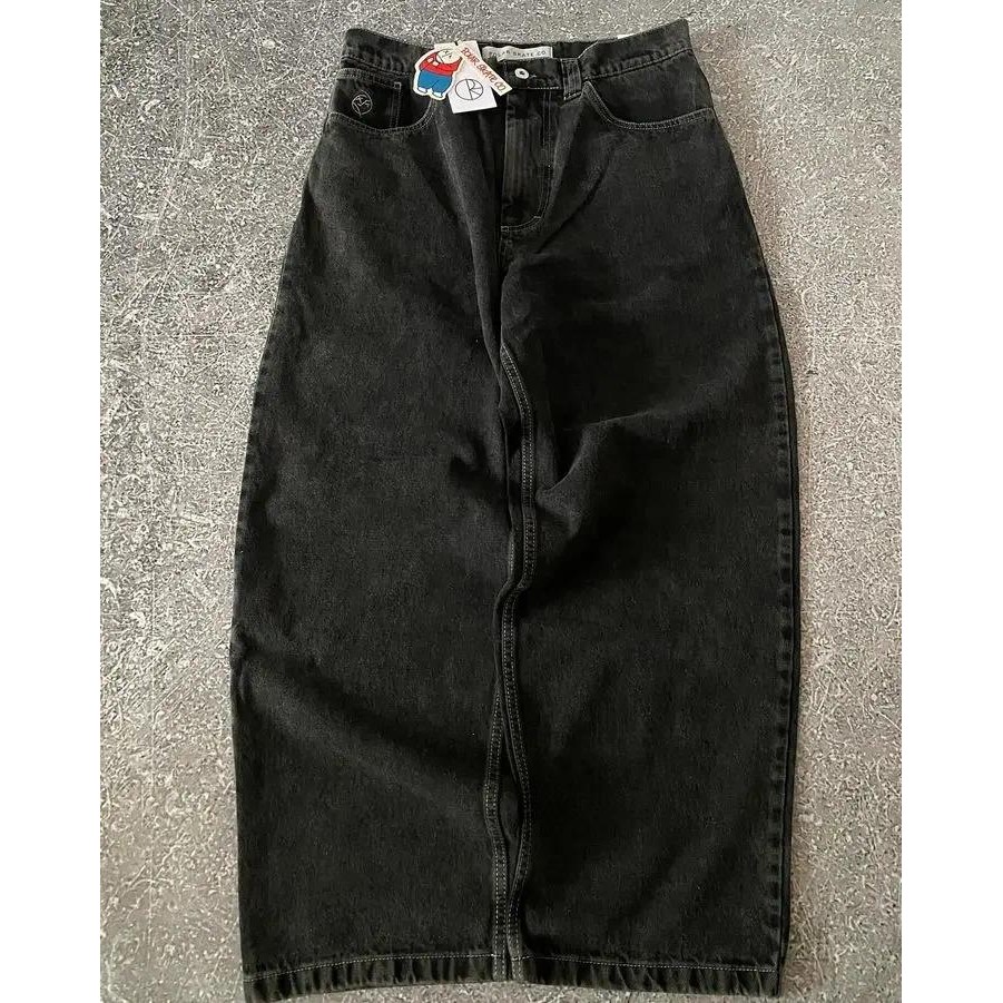 Harajuku Gothic Streetwear Polar Big Boy Jeans Japanese Hip Hop Cartoon Embroidery Baggy Jean Black 