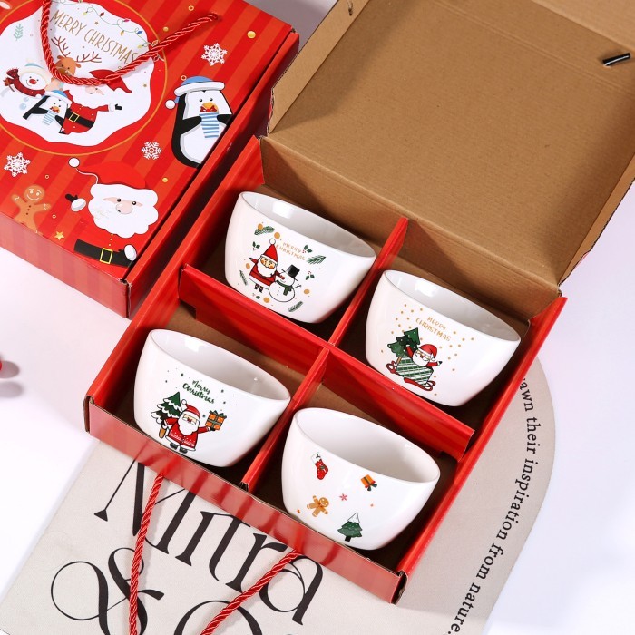 

[Best]PROMO Christmas Bowl Gift Set A / Hampers Mangkok Piring Kado Natal Lucu - 4 Bowls White
