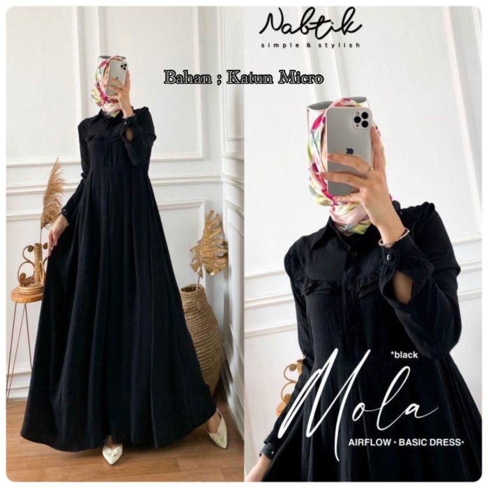 "V.NLN" -  TERLARIS Baju Gamis Mola Dress Maxy Polos Terbaru Fashion Muslim Remaja Dewasa - Hitam