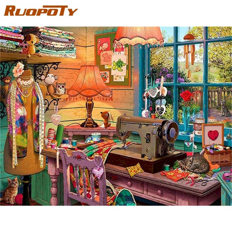 

RUOPOTY Painting By Numbers 40x50cm Frame Sewing Machine Scenery Oil Paint HanPainted Drawing On Canvas Modern Home Artwork