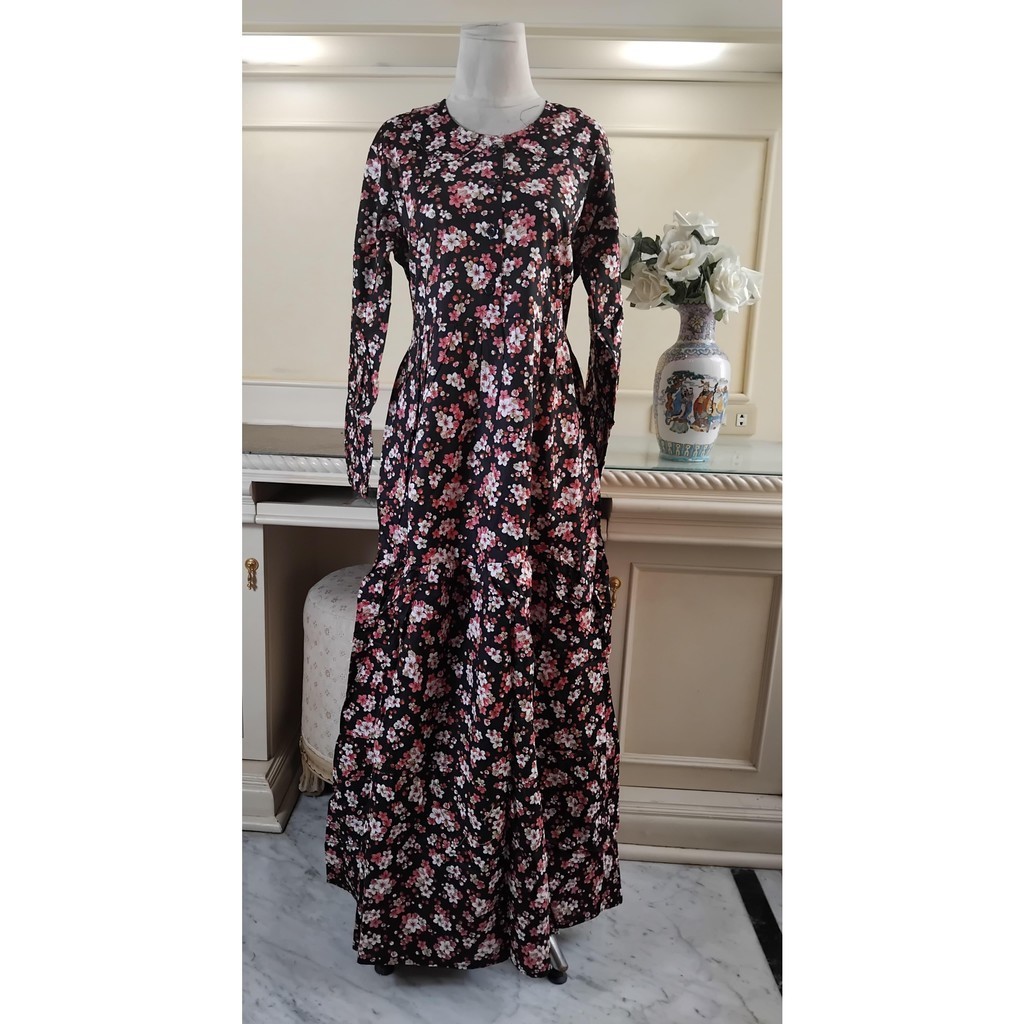 GAMIS KATUN JEPANG MOTIF BUNGA KECIL PUTIH PINK KERAH DEPAN (HITAM)