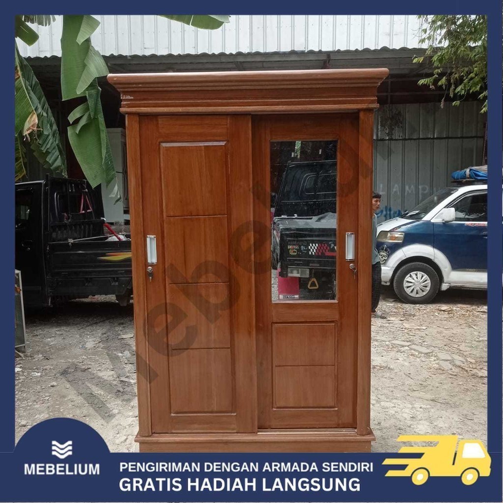 [Jabodetabek] Lemari Pakaian Jati Sliding 2 Pintu Minimalis | Lemari Baju Bahan Full Kayu Jati Anti 