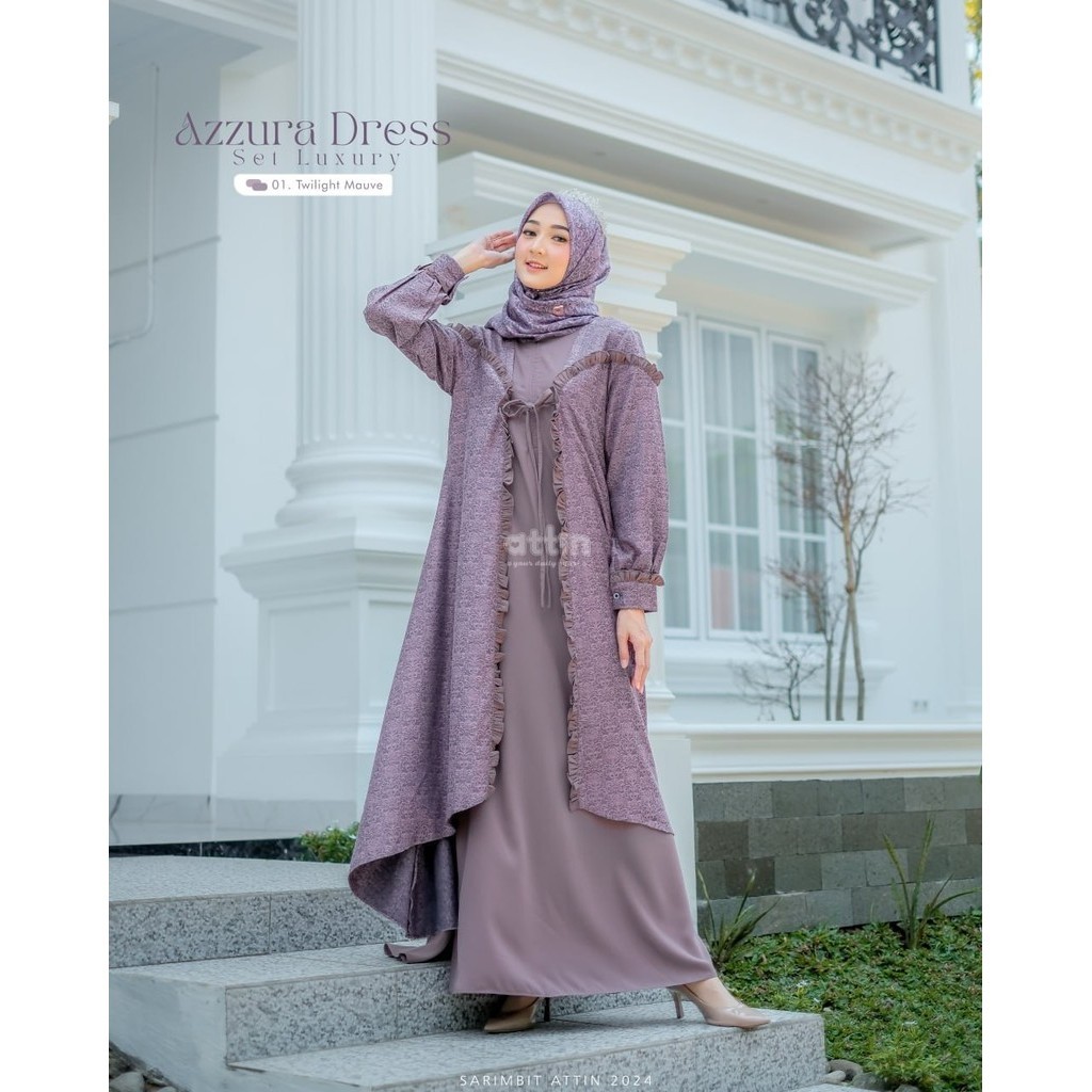 Attin Gamis Sarimbit Azzam Azzura Luxury Twilight Mauve Powder Black Matcha Green Dusty Blue Plum