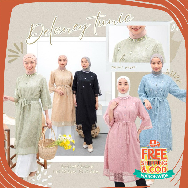 GAMIS LEBARAN IDUL FITRI/ [ORI] DELANEY BRUKAT TUNIK / TUNIK LEBARAN / TUNIK SATIN