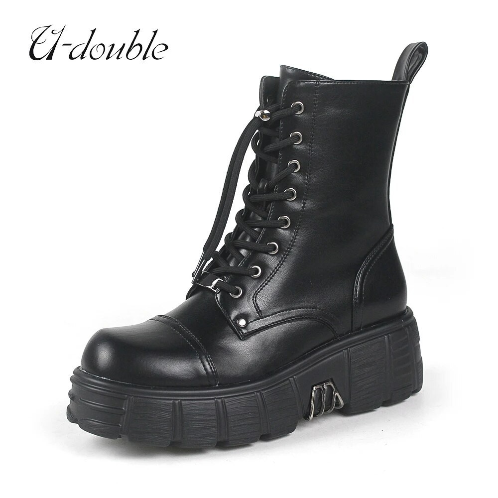 2023 New Punk Women Platform Ankle Boots Female's Rock Round Toe Lace Up Fashion Retro Chunky Shoes 
