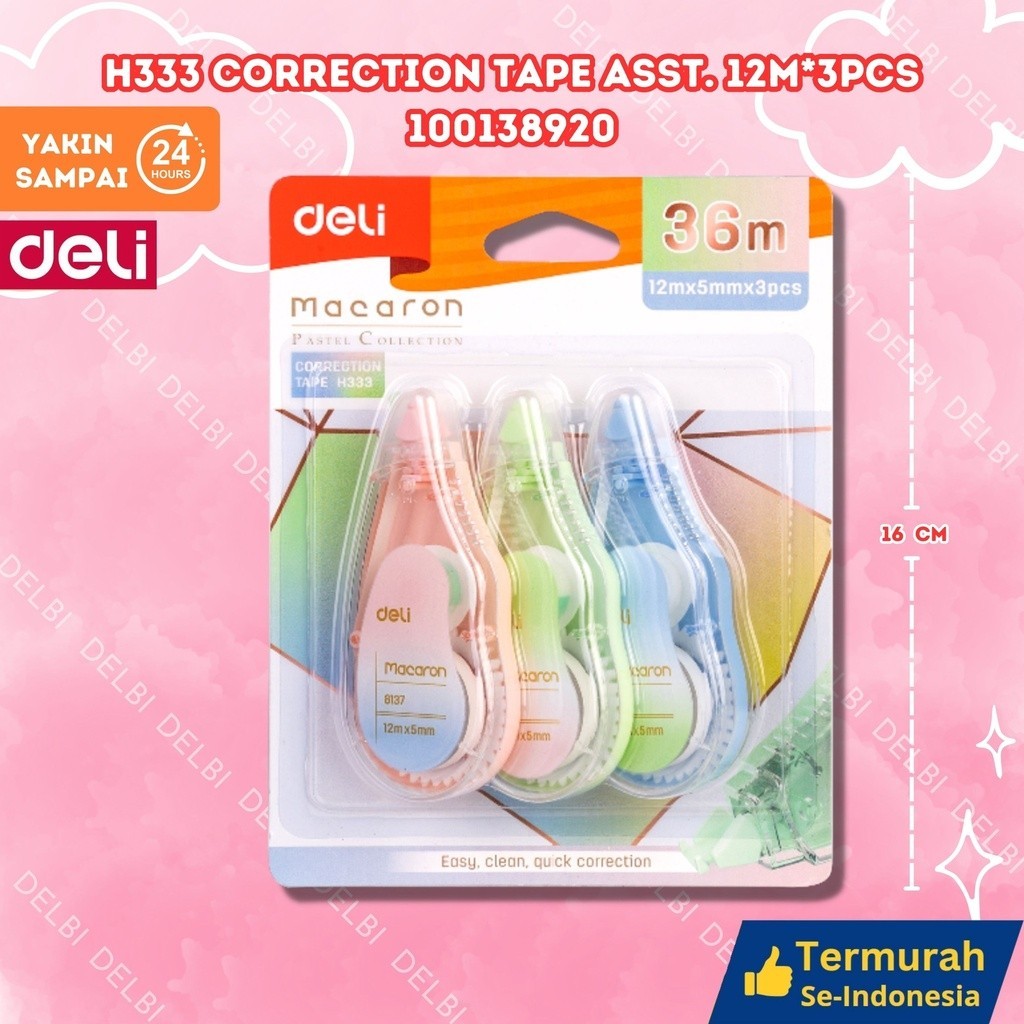 

Deli Correction Tape / Tip X Kertas / Pita Koreksi 12m*5mm Isi 3pcs Desain Ergonomis Praktis EH333 H333 Correction Tape ASST. 12m*3pcs