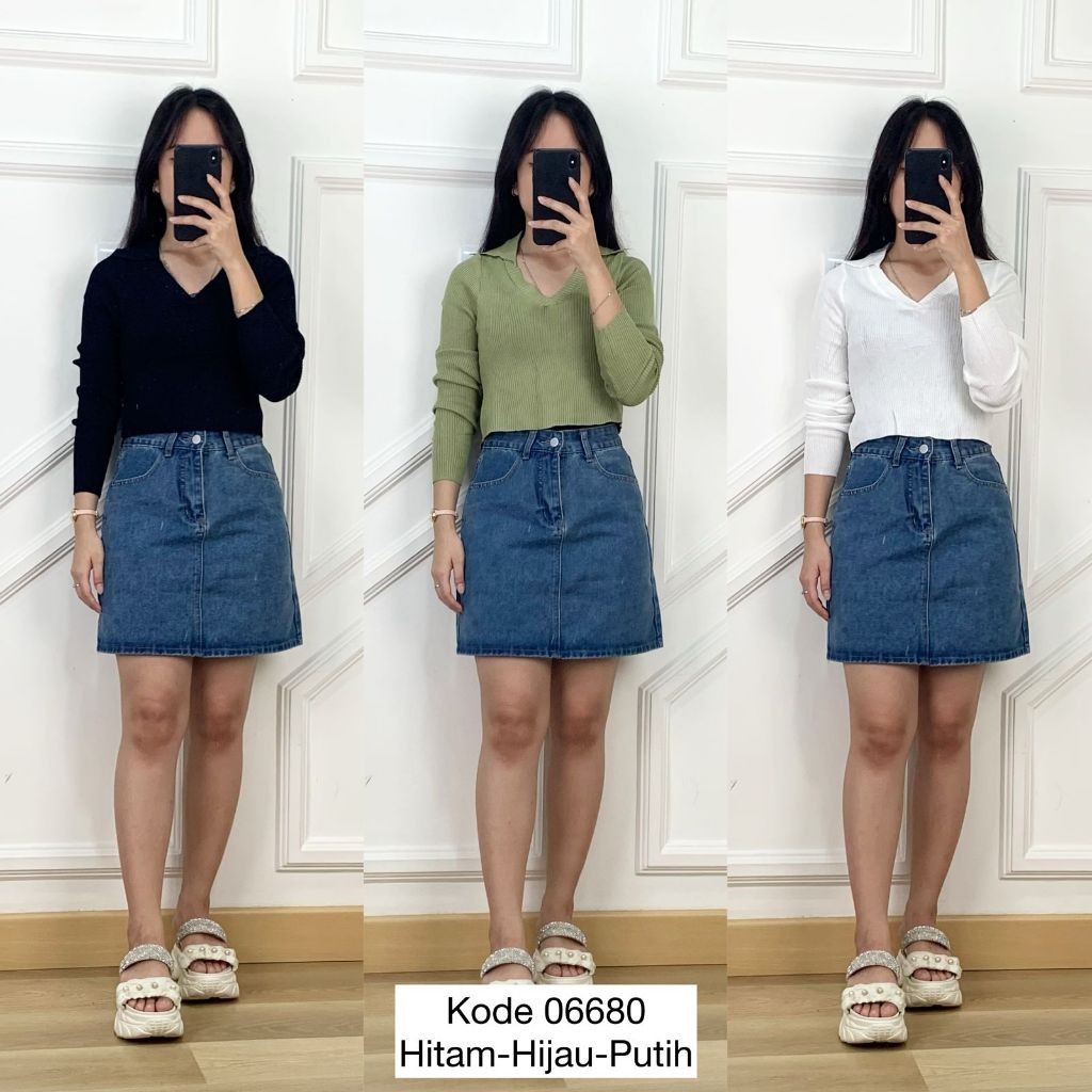 Crop Top Rajut Lengan Panjang I Atasan Wanita Crop Lengan Panjang I Blouse Kerah V