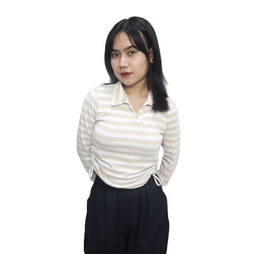 COD Kaos Kerah Serut Vneck T-Shirt Wanita Atasan BerKerah Polo Lengan Panjang Tali Serut Style Korea