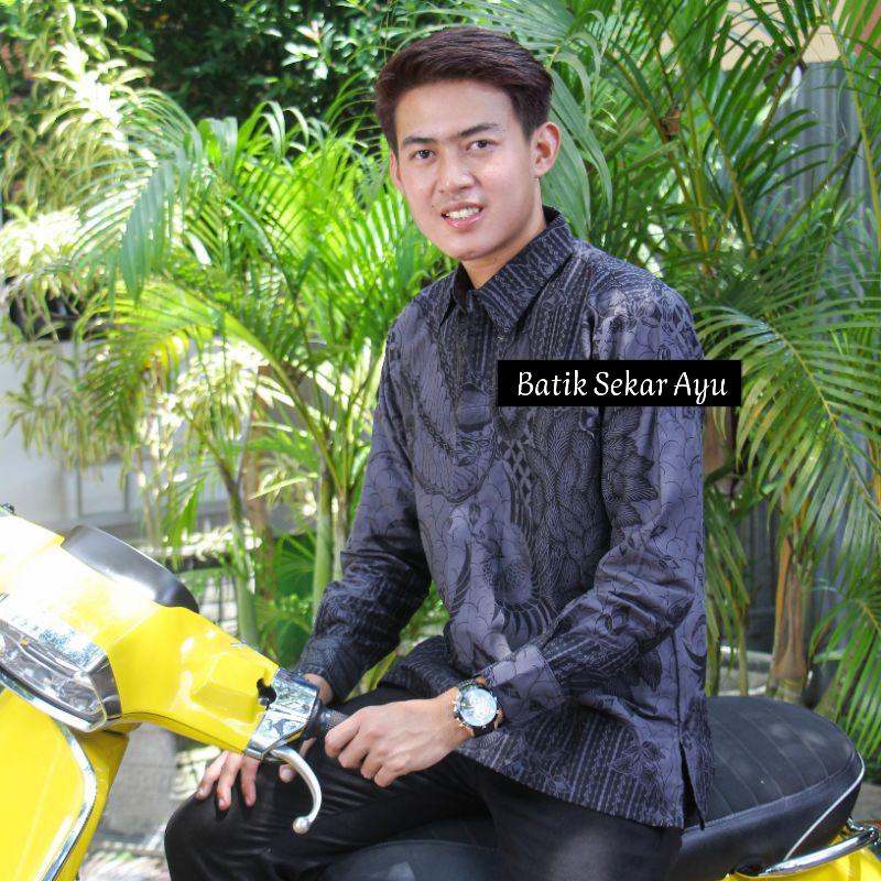BATAVIA Baju Batik Pria Modern Premium Lengan Panjang Terbaru - Baju Hem Batik Pria Hitam Tangan Pan