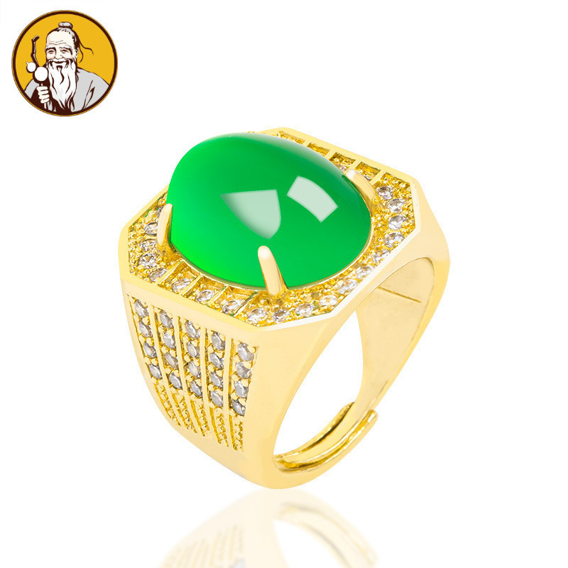 (Dengan Sertifikat)Cincin batu akik hijau alami asli, berlapis emas tembaga, bertatahkan liontin modis cincin pria giok es kalsedon