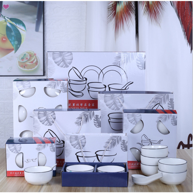 MMS mangkok set + piring keramik tebal cocok buat hamper udah termasuk box / Mangkok Piring Sumpit S