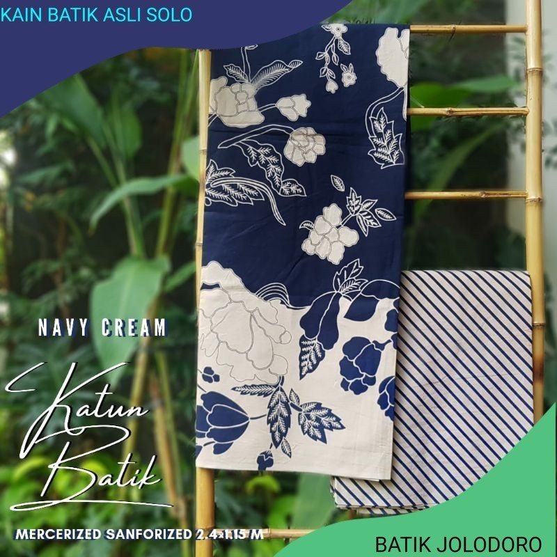 kain batik sanforized motif daun bunga navy