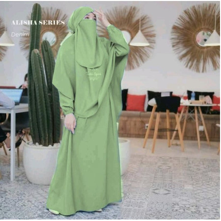 Gamis wanita syari polos alisha set khimar cadar  baju muslim - Biru Muda