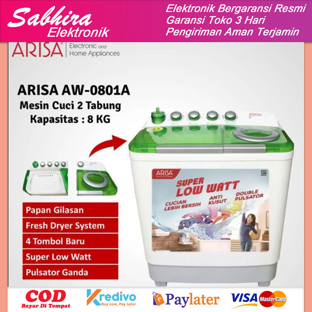Mesin cuci 2 tabung ARISA 8kg low watt series 0801A garansi resmi