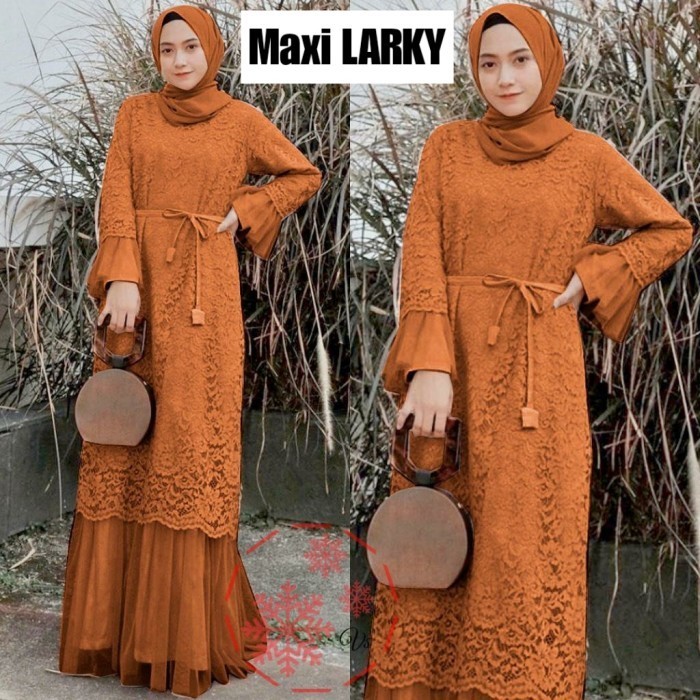 PROMO Hari Raya Idul Fitri- Maxi Gamis LARKY M, L. XL, XXL Brukat Tulang Mewah kombi Tile - Bata, XL