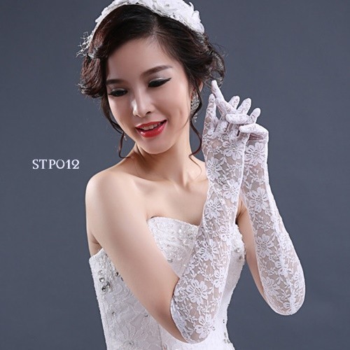 Wedding Gloves Pesta Brokat Sarung Tangan Pengantin Panjang Putih STP012P