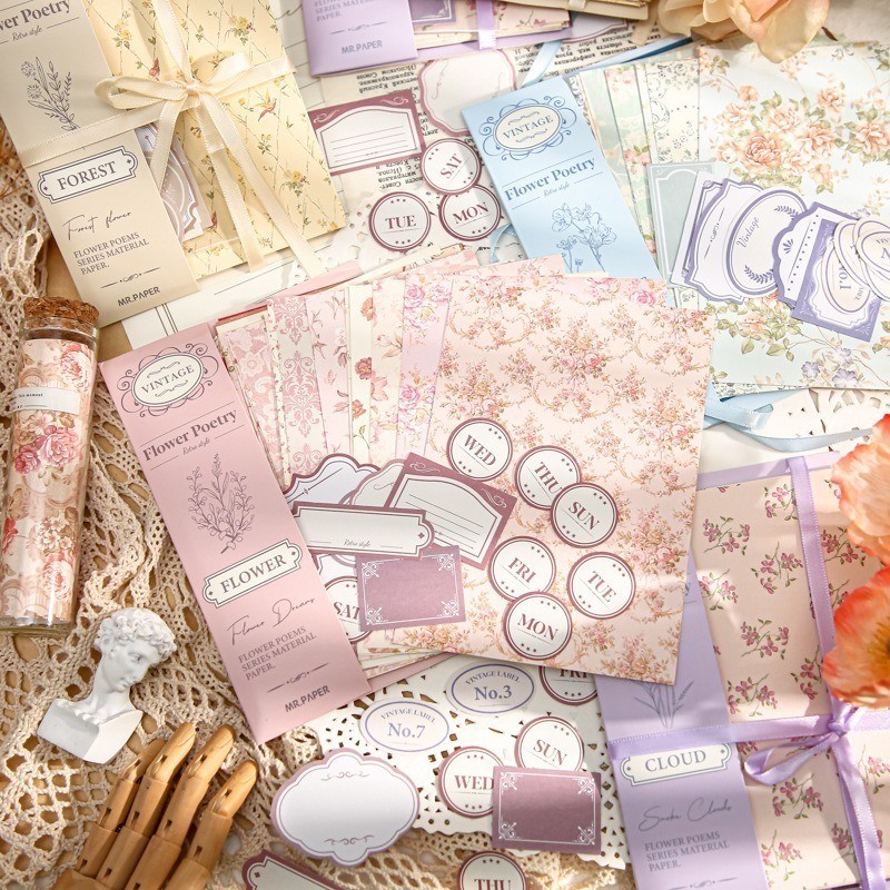 

[Gongjin]40pcs Deco FLOWER POETRY Set Kertas Dekorasi Scrapbook Paket Bujo Journaling Vintage