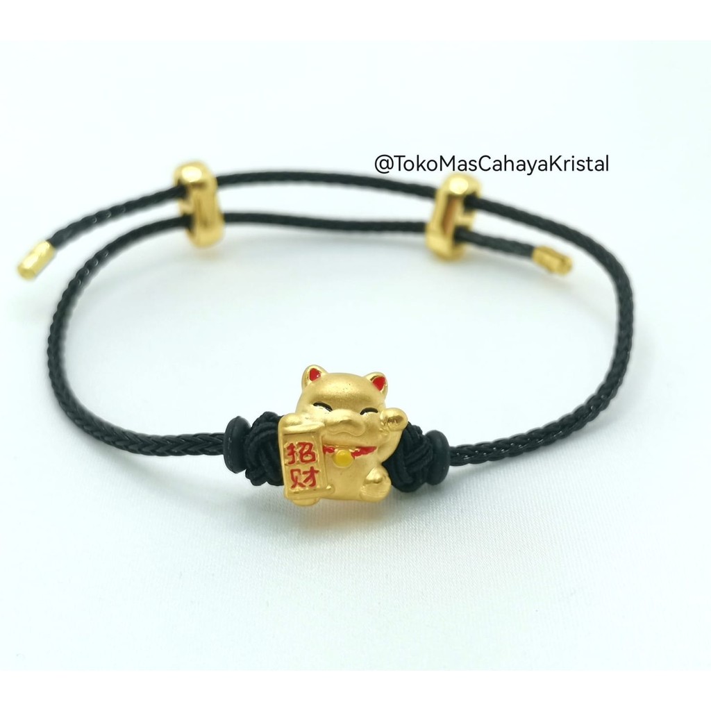 Gelang Tali Emas Charm Kucing Rejeki Padat / Lucky Cat Emas 24k HK Hongkong 9999%- Bracelet