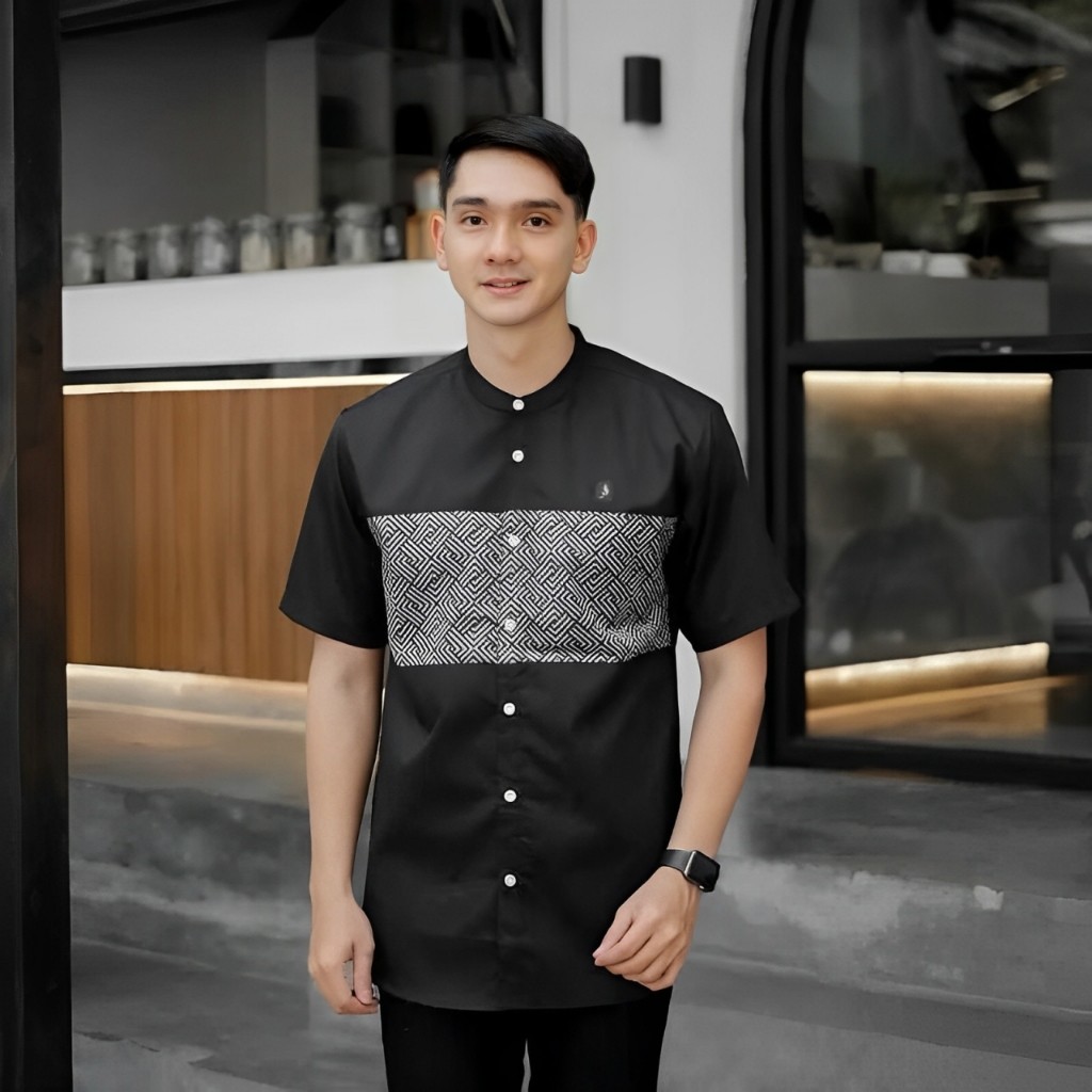 DL23EW Baju Koko Pria Lengan Pendek Motif Kurta Kautsar - Koko Mirror Bahan Katun Size M L XL