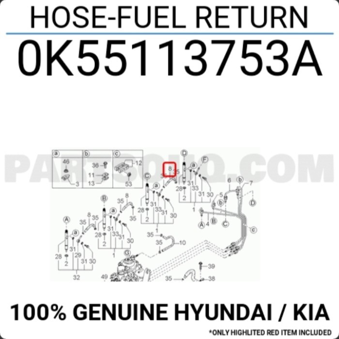 Hose return fuel KIA Carnival, Sedona 0K55113753A berkualitas
