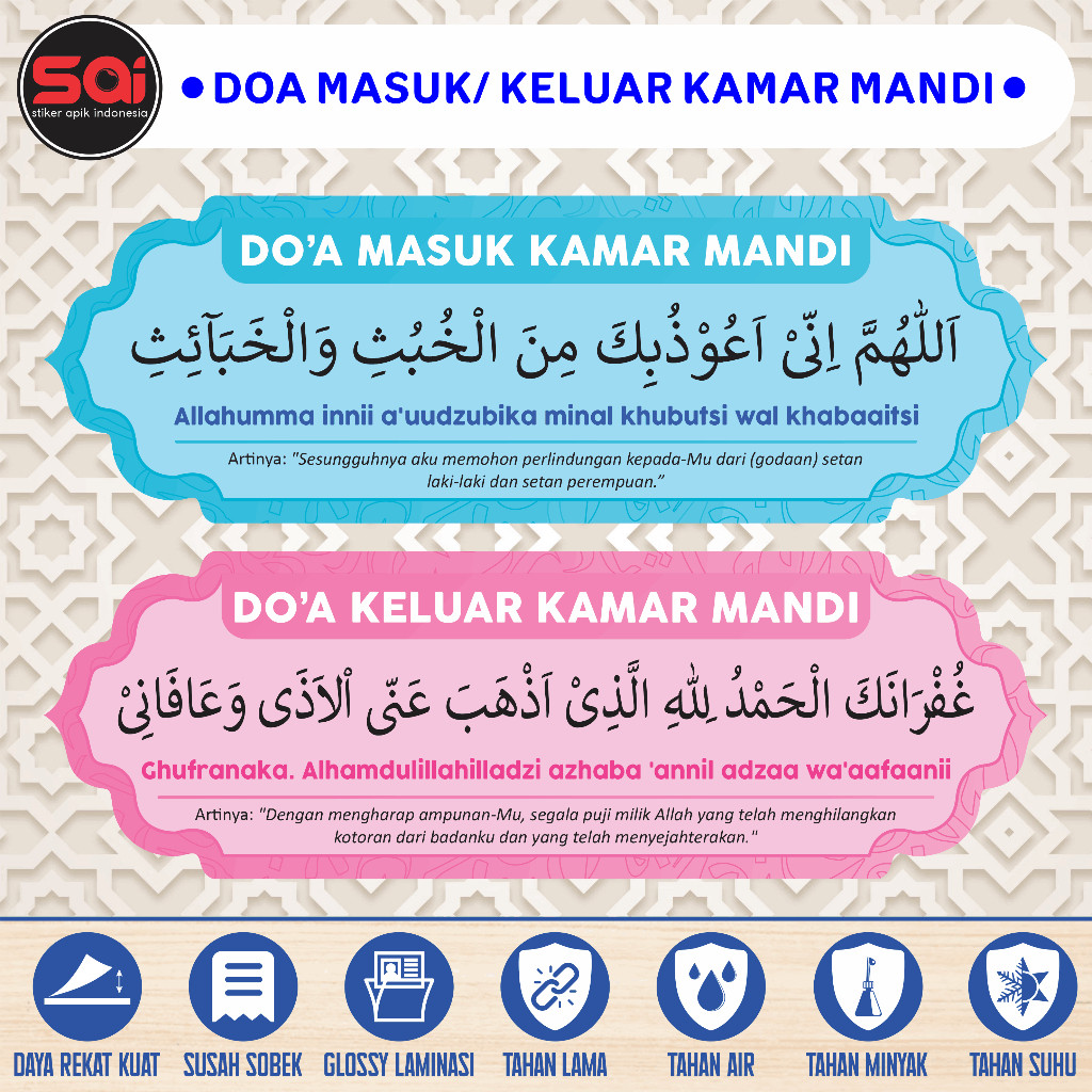 

stiker vinyl anti air/ waterproof DOA MASUK & KELUAR KAMAR MANDI laminasi glossy