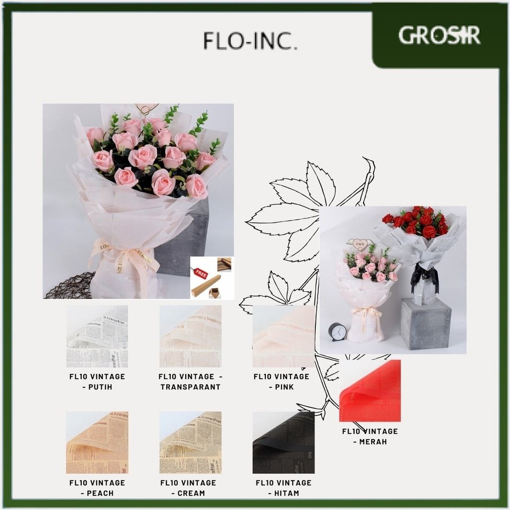 

FLO-INC. - (5 LEMBAR) - FL10 VINTAGE Craft Paper Kertas Bunga Buket Motif Koran Bunga Florist Cellophane