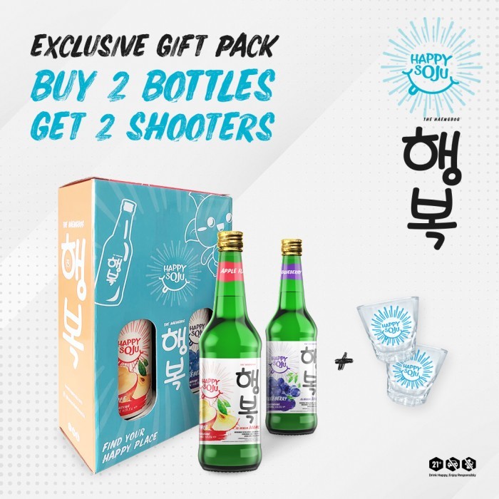 

Exclusive gift pack Happy soju buy 2 bottle free 2 shooter
