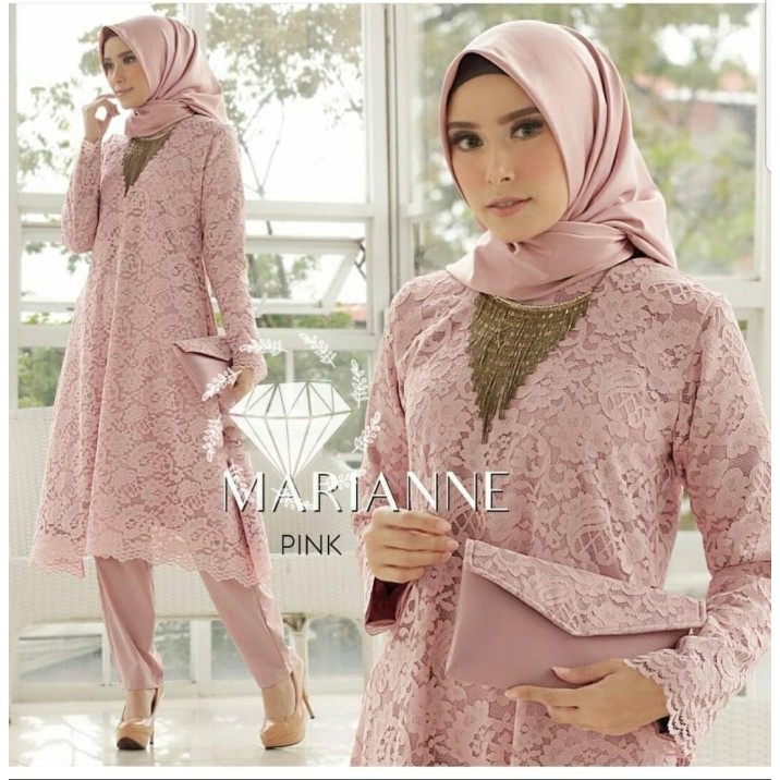 "V.NLN" - BEST SELLER Setelan Kebaya Tunik Celana Wanita Brukat Baju Brokat Kutu Baru Modern - Dusty