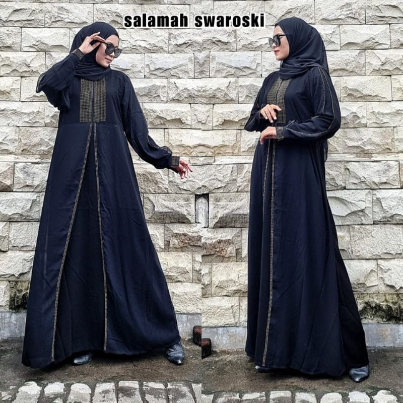Abaya Gamis Hitam Maxy Dress manik manik Fashion Muslim Busana Wanita Dubai Salamah Swarosky