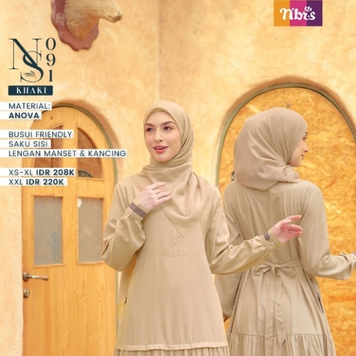 Gamis Nibras NS 091 Warna Cream Khaki Baju Muslimah Branded Syar'i Ori - Cream Khaki, XS
