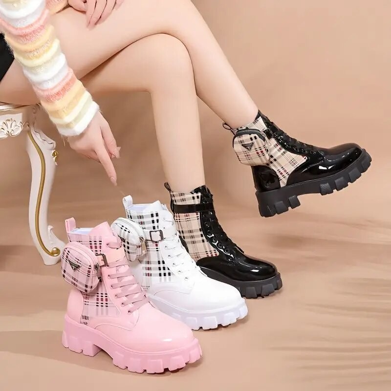 Sepatu bot wanita, sepatu bot wanita Platform High Top Fashion, sepatu bot hangat serbaguna bertali