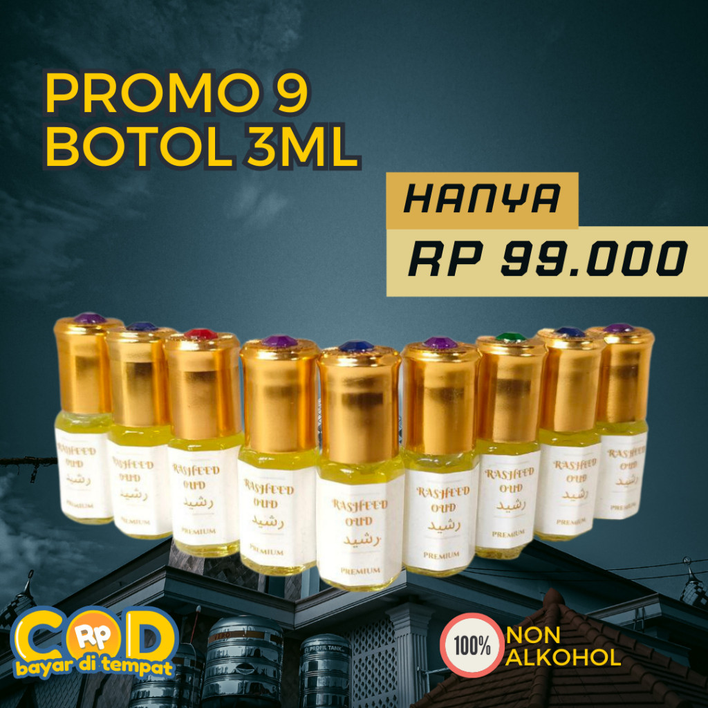 Paket 9 Botol Parfum Oud Oriental Rasheed 3mlPremium Non Alkohol Tahan Lama Aroma Mewah Khas Timur T