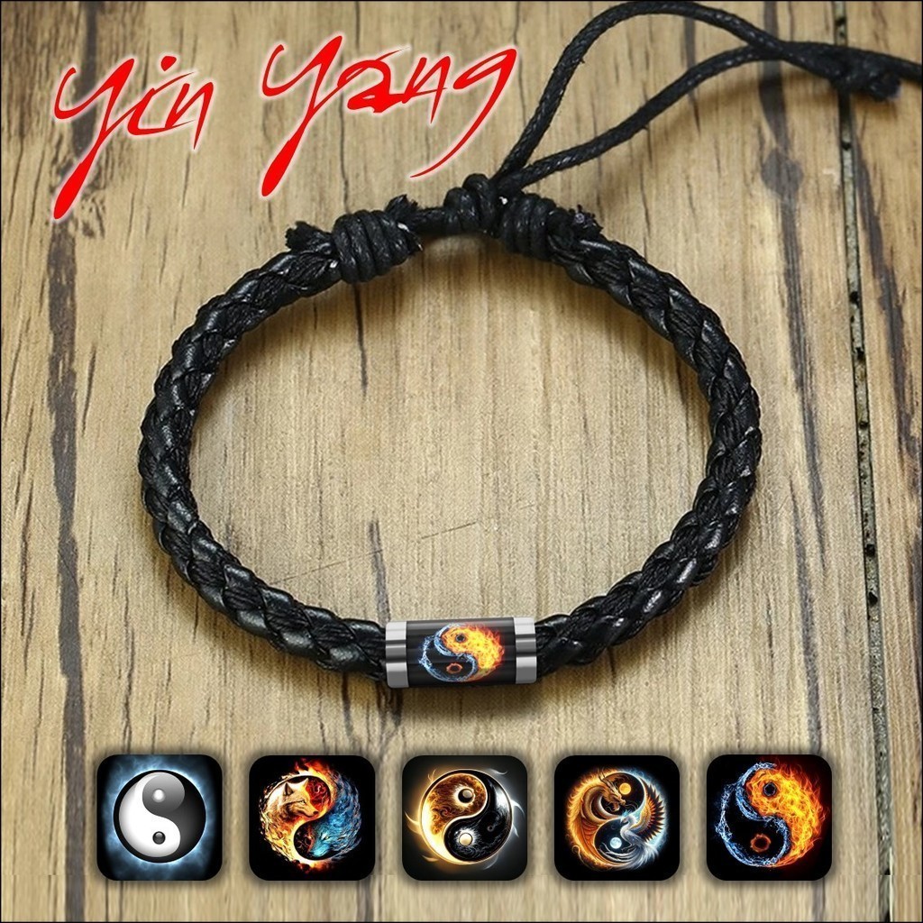 Gelang Tali Kulit Kepang Gambar Simbol Yin Yang Epoxy Tabung Stainless Steel [EZArt]