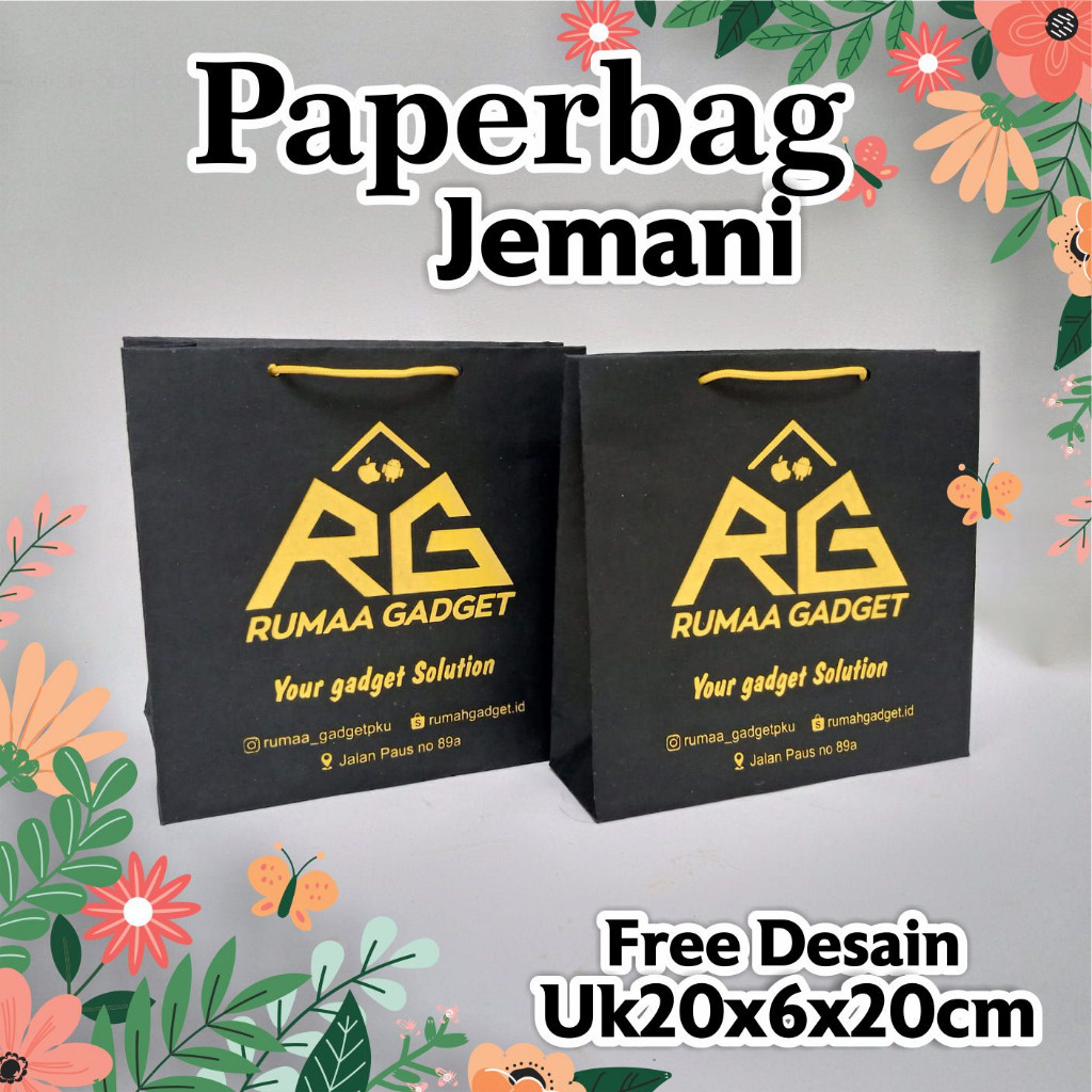

Paperbag warna hitam 20x6x20 kertas Jemani dengan sablon warna emas