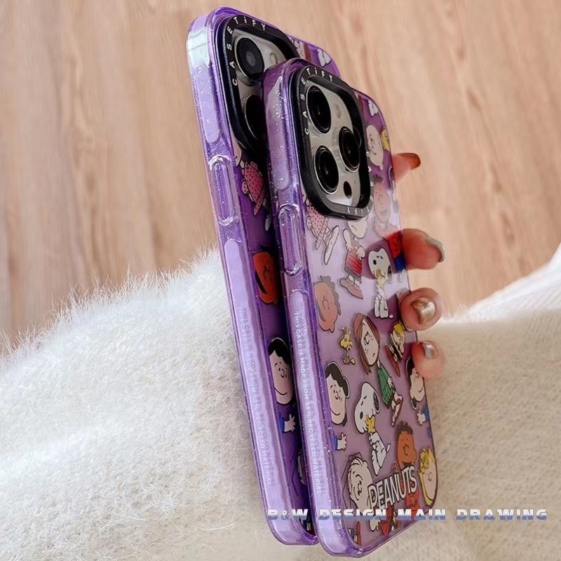 牜 【Glitter CASETiFY】 Purple Cute PEANUTS Snoopy Phone Case Compatible for iPhone14/13/12/11/Pro/Max iPhone Case Transparent Shockproof Protective Acrylic Back Hard Cover 牜
