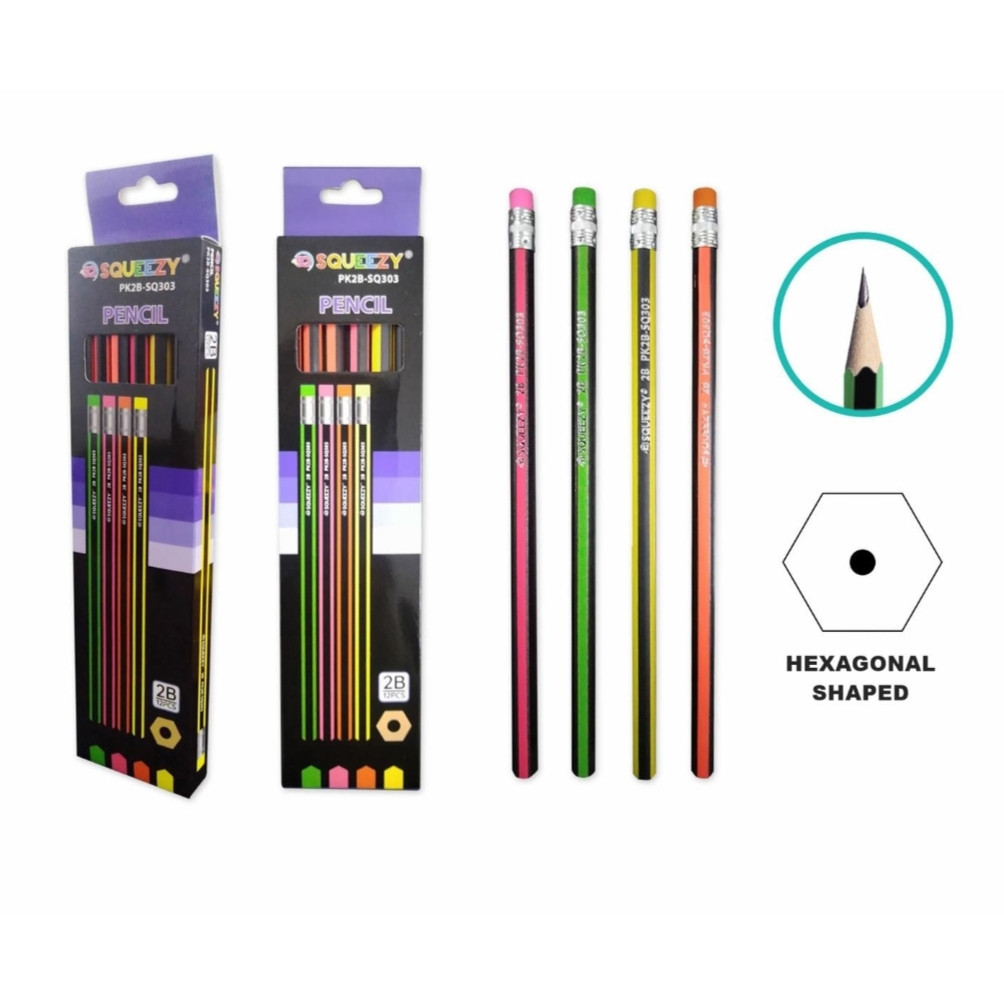 

Pencil 2B Squeezy Neon / Pensil 2B Kayu isi 12 pcs per box