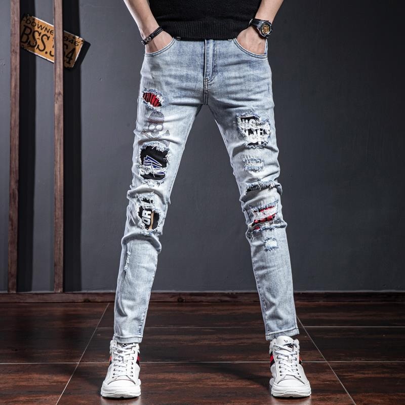 Celana Jeans Stretch Pria Slim Fit Bordir Gaya Korea