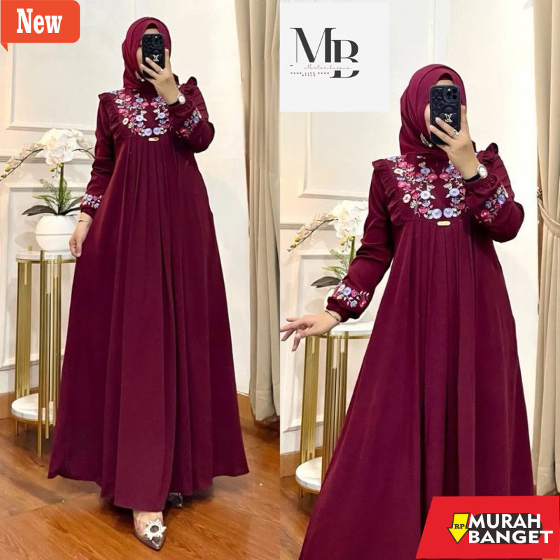 Gamis wanita untuk lebaran- GAMIS AZIZAH BORDIR MOTIF BUNGA TIMBUL BAHAN CRINKLE AIRFLOW TERBARU