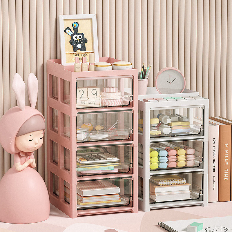 

Diskon besar pabrik 4 laci tempat penyimpanan Desktop plastik kotak penyimpanan Organizer tampilan kosmetik untuk alat tulis meja rias