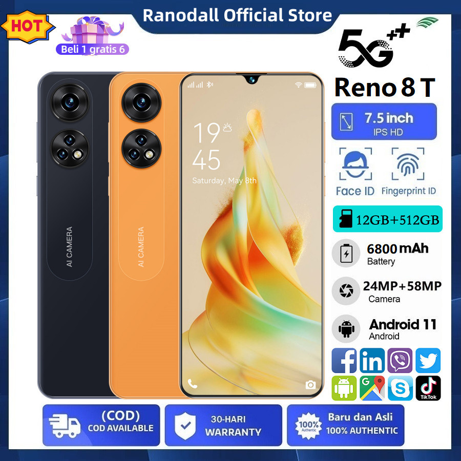 [COD]Baru dan Asli hp Reno8 T 5G Layar HD Pelindung Mata 7.5inci smartphone 12GB+512GB Android12 24M