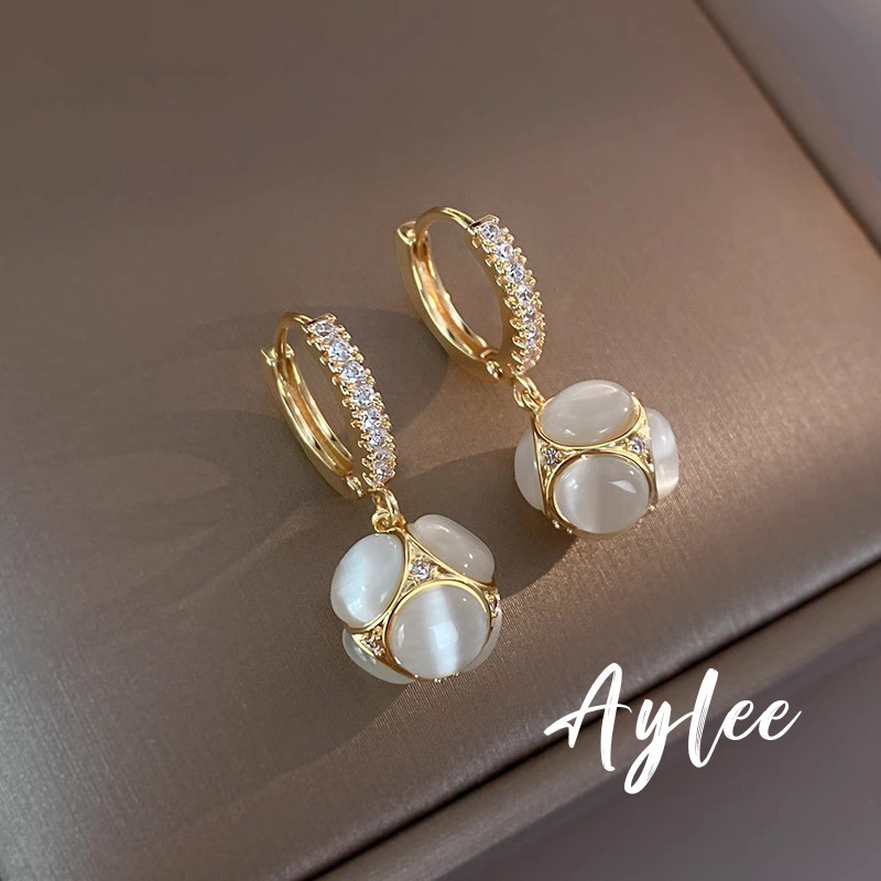 [Aylee]Emas Batu Mata Kucing Anting Segi Empat Pelajar Perempuan Anting Menjuntai B460